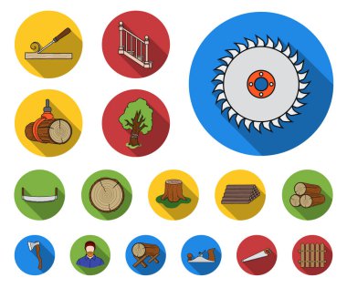 Kereste ve ahşap düz simgeler set koleksiyonu tasarım için. Donanım ve araçlar sembol stok web illüstrasyon vektör.