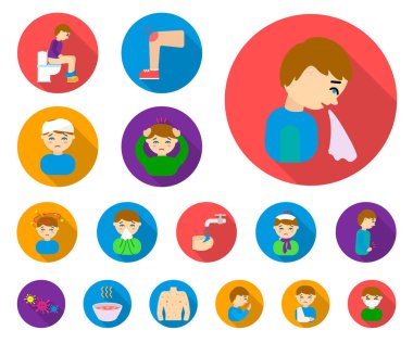 Set koleksiyonu tasarım için hasta adam düz simgeler. Hastalık ve tedavi sembol stok web illüstrasyon vektör.