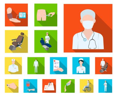 İlaç ve tedavi düz simgeler set koleksiyonu tasarım için. Hastane ve ekipman sembol stok web illüstrasyon vektör.