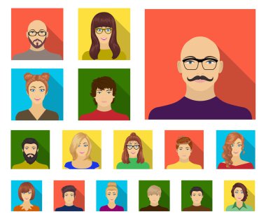 Avatar ve yüz düz simgeler set koleksiyonu tasarım için. Bir kişi görünümü vektör simge stok web çizim.
