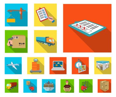 Lojistik ve teslim düz simgeler set koleksiyonu tasarım için. Taşıtlar ve donatımı izometrik vektör simge stok web çizim.