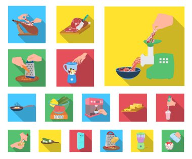 Yemek yemek düz simgeler set koleksiyonu tasarım için. Mutfak, cihazlar ve sembol stok web illüstrasyon vektör.