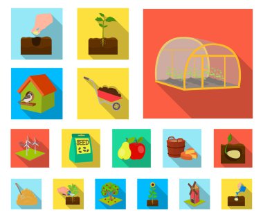 Çiftlik ve tarım düz simgeler set koleksiyonu tasarım için. Bahçe ve bitki izometrik vektör simge stok web çizim.
