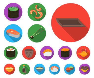 Suşi ve set koleksiyonu tasarım için düz simgeler baharat. Deniz ürünleri gıda, Aksesuar vektör simge stok web çizimi.