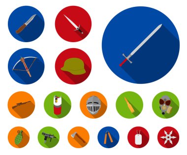 Silah türleri set koleksiyonu tasarım için simgeleri düz. Ateşli silahlar ve kanatlı silah sembol stok web illüstrasyon vektör.
