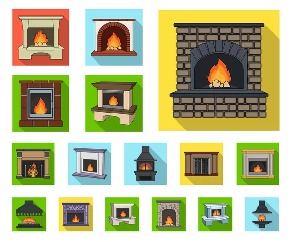 Diferentes tipos de lareiras ícones planos na coleção de conjuntos para design.Fireplaces construção vetor símbolo web ilustração . — Vetor de Stock