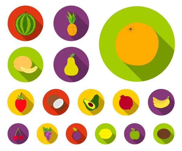 Différents fruits icônes plates dans la collection ensemble pour le design. Fruits et vitamines symbole vectoriel illustration web stock . — Image vectorielle