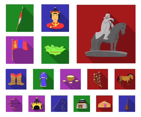Landet Mongoliet platt ikoner i set samling för design. Territorium och landmärke vektor symbol lager web illustration. — Stock vektor