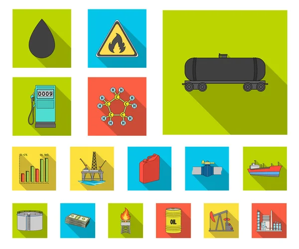 Ícones planos da indústria do petróleo na coleção de conjuntos para design. Equipamento e produção de óleo símbolo vetorial web ilustração . —  Vetores de Stock