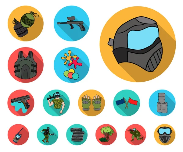 Paintball takım set koleksiyonu tasarım için oyun düz simgeler. Ekipman ve kıyafet sembol stok web illüstrasyon vektör.