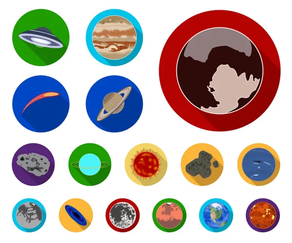 Planetas del sistema solar iconos planos en la colección de conjuntos para el diseño. Cosmos y astronomía vector símbolo stock web ilustración . — Vector de stock