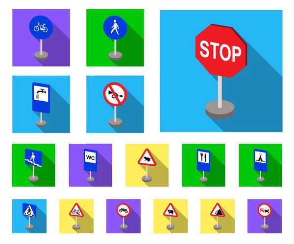 Verschiedene Arten von Verkehrsschildern flache Symbole in Set Sammlung für Design. Warn- und Verbotsschilder Vektor Symbol Stock Web Illustration. — Stockvektor