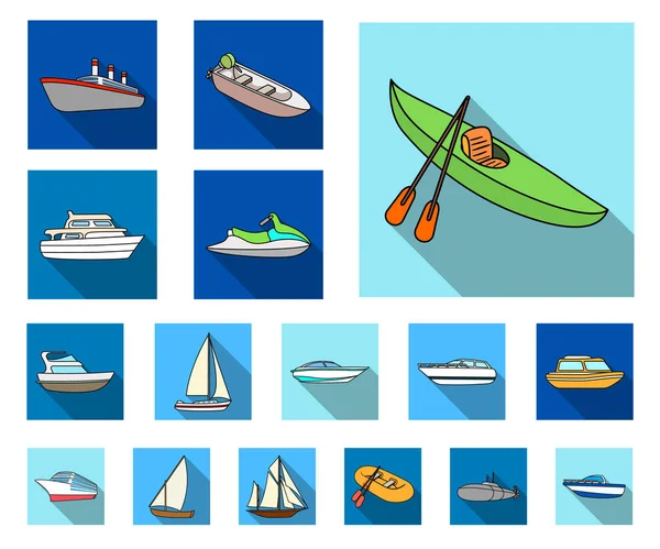 Водний і морський транспорт плоскі значки в наборі для дизайну. Різноманітні човни та кораблі Векторні символи стокової веб-ілюстрації . — стоковий вектор