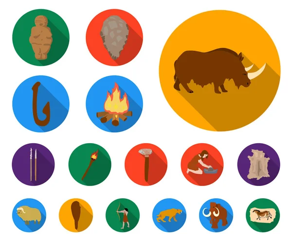Life in the Stone Age iconos planos en la colección de conjuntos para el diseño. Antigua gente vector símbolo stock web ilustración . — Vector de stock