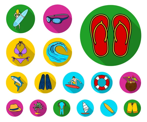 Surfing och extrema platt ikoner i set samling för design. Surfare och tillbehör vektor symbol lager web illustration. — Stock vektor