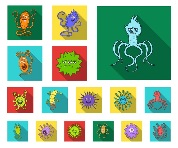 Typer av roliga mikrober platt ikoner i set samling för design. Mikrober patogena vektor symbol lager web illustration. — Stock vektor