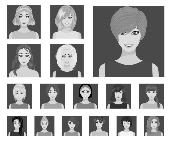 Tipos de peinados femeninos iconos planos en colección de conjuntos para el diseño. Apariencia de una mujer vector símbolo stock web ilustración . — Vector de stock
