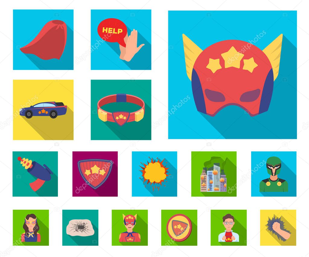A fantastic superhero flat icons in set collection for design. Superheros equipment vector symbol stock  illustration.