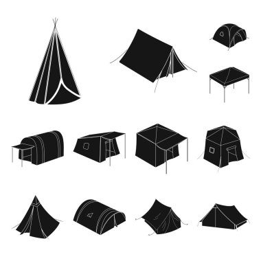 Çadır ve kamp logo vektör tasarımı. Hisse senedi için çadır ve orman vektör simge kümesi.