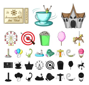 Set koleksiyonu tasarım için eğlence parkı çizgi film, siyah simgeler. Cihazları ve mekanlarına sembol stok web illüstrasyon vektör.