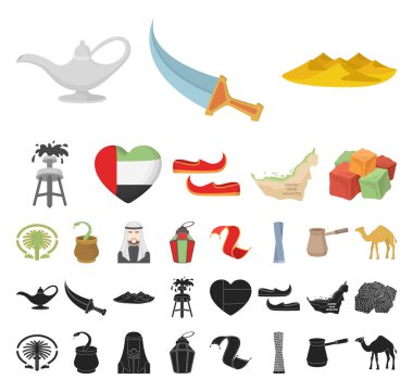 Set koleksiyonu tasarım için ülke Birleşik Arap Emirlikleri çizgi film, siyah simgeler. Turizm ve cazibe simge stok web illüstrasyon vektör.