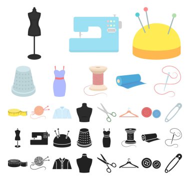 Atelier ve dikiş çizgi film, siyah set koleksiyonu tasarım için simgeler. Dikiş vektör için cihazlar ve hisse senedi web illüstrasyon simge.