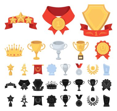 Set koleksiyonu tasarım için kupalar ve ödüller çizgi film, siyah simgeler. Sembol stok web illüstrasyon vektör ödül ve başarı.