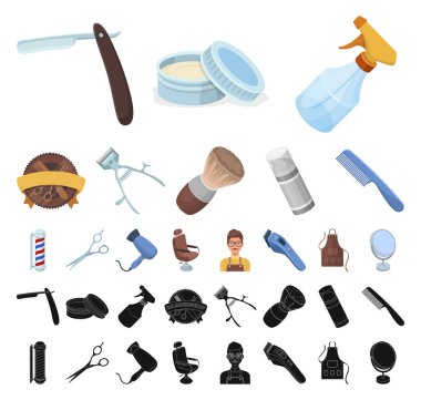 Set koleksiyonu tasarım için berber dükkanı ve ekipman çizgi film, siyah simgeler. Saç kesimi ve tıraş sembol stok web illüstrasyon vektör.