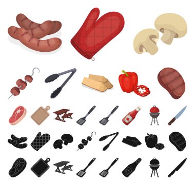 Set koleksiyonu tasarım için Barbekü ve ekipman çizgi film, siyah simgeler. Piknik ve kızartmaları sembol stok web illüstrasyon vektör.