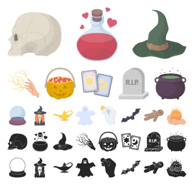 çizgi film, siyah ve beyaz sihirli çizgi film, siyah set koleksiyonu tasarım için simgeler. Sembol stok web illüstrasyon vektör öznitelikleri ve büyücü aksesuarları.