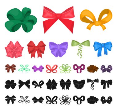 Çok renkli yay çizgi film, siyah set koleksiyonu tasarım için simgeler. Dekorasyon vektör simge stok web çizim için yay.