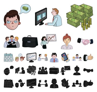 İş konferans ve görüşmeleri çizgi film, set koleksiyonu tasarım için siyah simgeler. İş ve eğitim sembol stok illüstrasyon vektör.