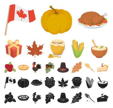 Set koleksiyonu tasarım için Kanada Şükran günü çizgi film, siyah simgeler. Kanada ve gelenek sembol stok web illüstrasyon vektör.