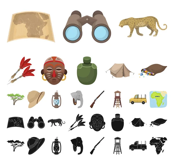 African Safari cartoon, black icons in set collection for design. Trophies and equipment for Safari vector symbol stock web illustration. — Stock Vector