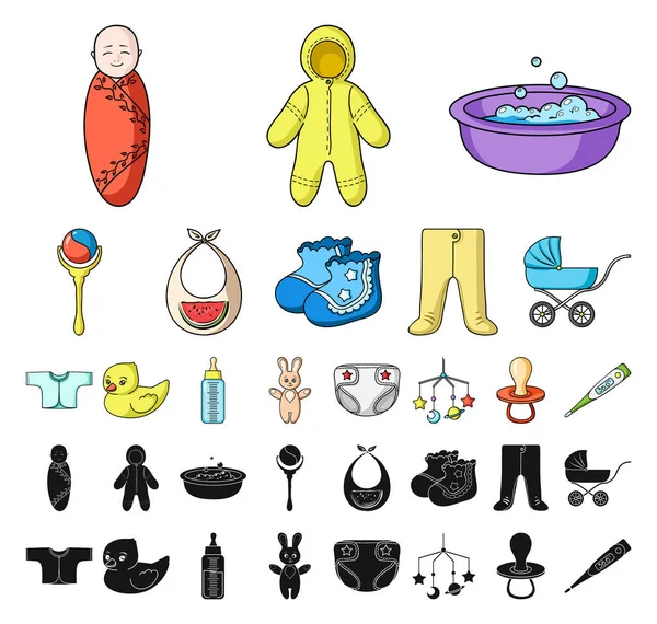 Geboorte van een baby tekenfilm, zwarte pictogrammen in set collectie voor design. Pasgeboren en accessoires vector symbool voorraad web illustratie. — Stockvector