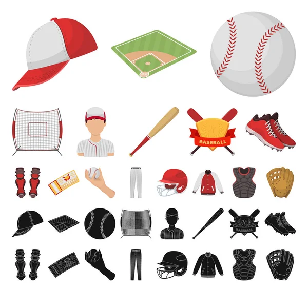 Honkbal en kenmerken tekenfilm, zwarte pictogrammen in set collectie voor design. Honkballer en apparatuur vector symbool voorraad web illustratie. — Stockvector