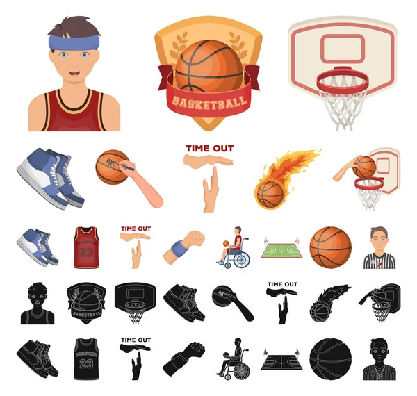 Basket och attribut, svart tecknad ikoner i set insamling för design. Basketspelare och utrustning vektor symbol lager web illustration. — Stock vektor