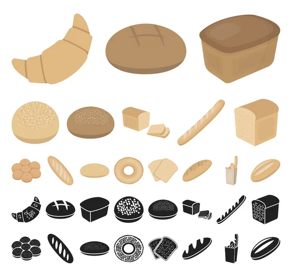 Tipos de dibujos animados de pan, iconos negros en la colección de conjuntos para el diseño. Panadería productos vector símbolo stock web ilustración . — Vector de stock