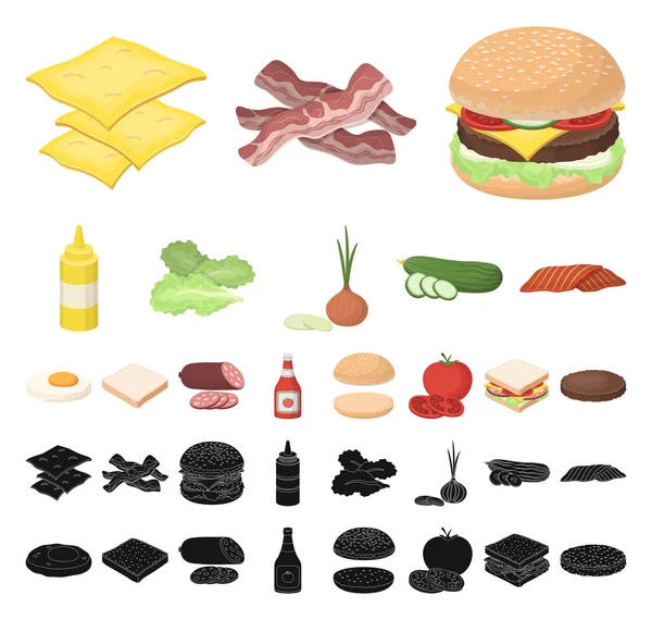 Burgare och ingredienser, svart tecknad ikoner i set insamling för design. Burger matlagning vektor symbol lager web illustration. — Stock vektor