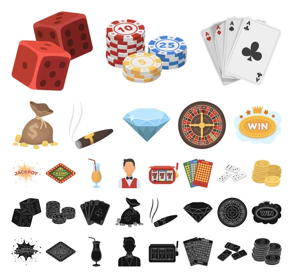 Casino y juegos de azar de dibujos animados, iconos negros en la colección de conjuntos para el diseño. Casino y equipo vector símbolo stock web ilustración . — Vector de stock