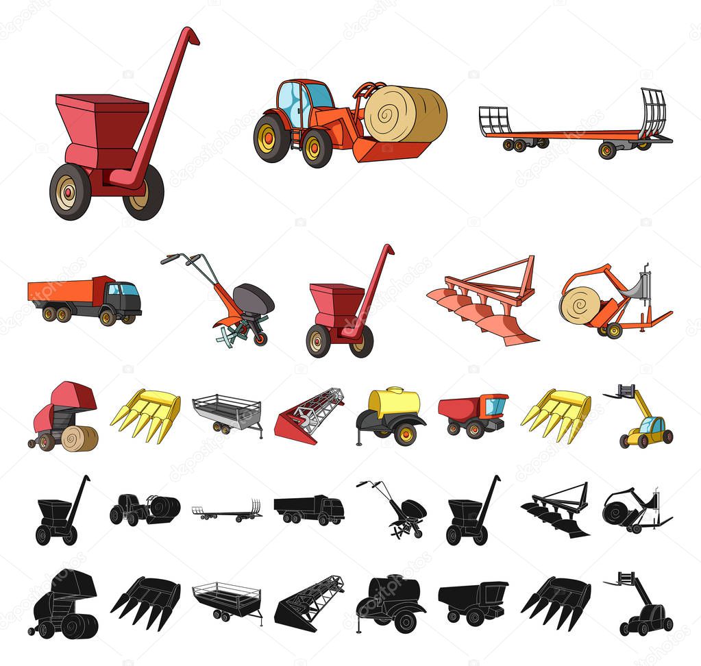 Agricultural machinery cartoon, black icons in set collection for design. Equipment and device vector symbol stock  illustration.