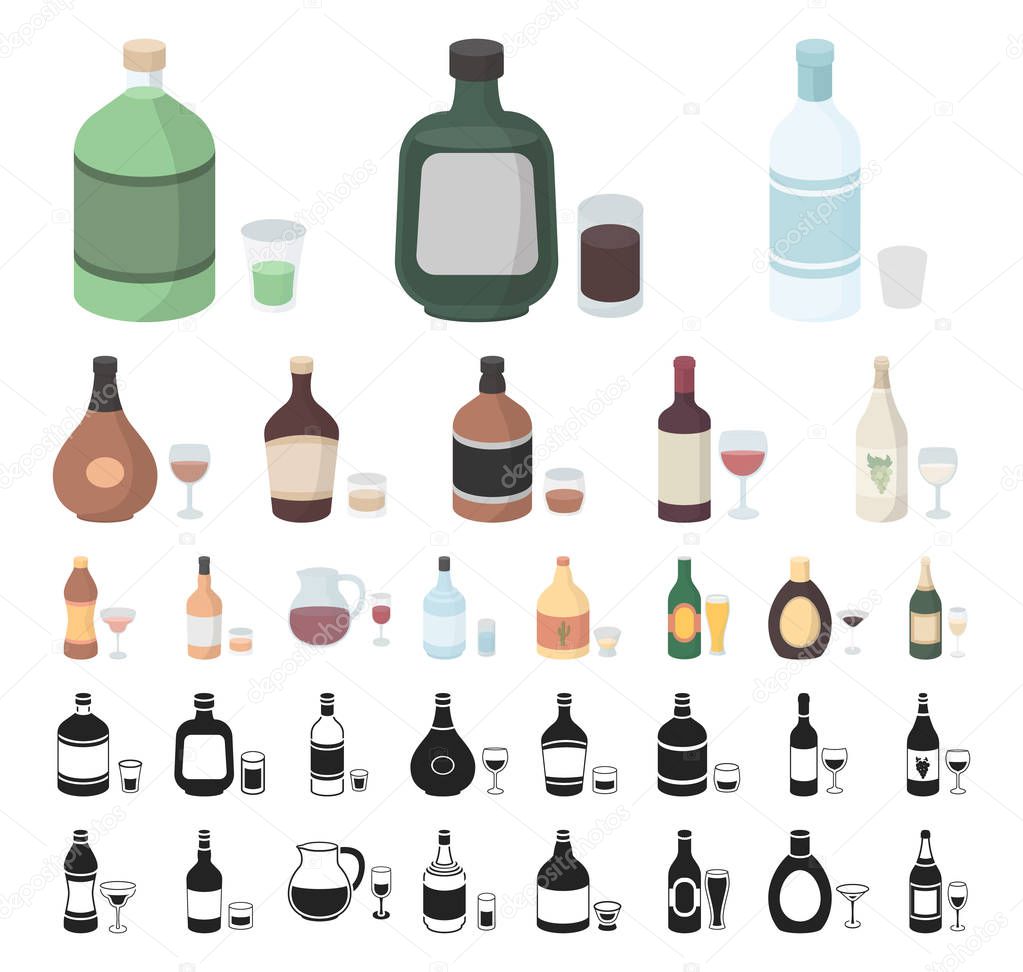 Types of alcohol cartoon, black icons in set collection for design. Alcohol in bottles vector symbol stock web illustration.