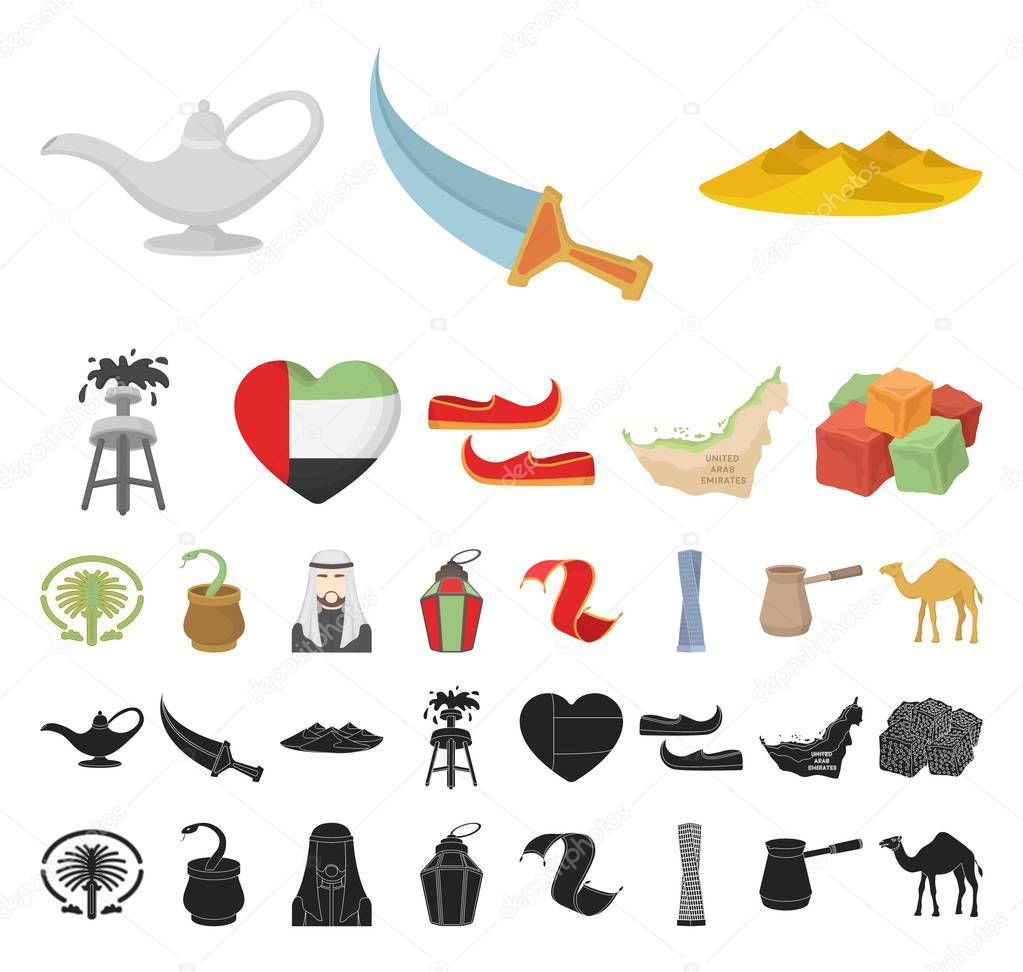 Country United Arab Emirates cartoon, black icons in set collection for design. Tourism and attraction vector symbol stock  illustration.