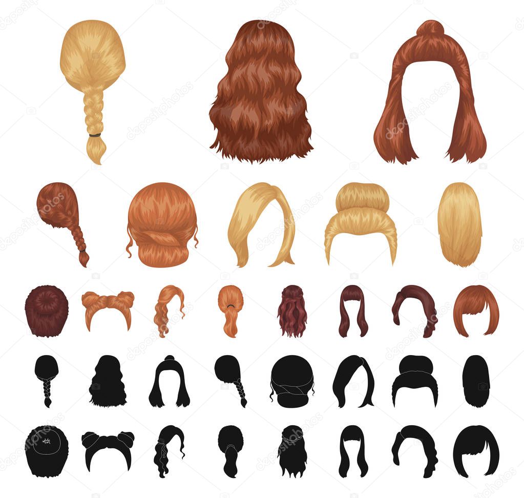 Female hairstyle cartoon, black icons in set collection for design. Stylish haircut vector symbol stock web illustration.