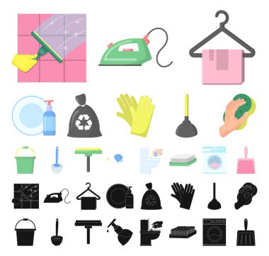 Set koleksiyonu tasarım için temizlik ve hizmetçi çizgi film, siyah simgeler. Vektör simge stok web illüstrasyon Temizleme için donatım.