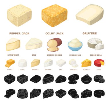 Farklı tür bir peynir çizgi film, siyah simgeler design.Milk ürün peynir vektör simge stok web çizim için küme toplama.