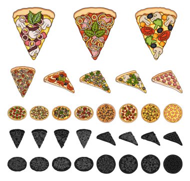 Set koleksiyonu tasarım için farklı pizza çizgi film, siyah simgeler. Pizza yemek vektör simge stok web çizim.