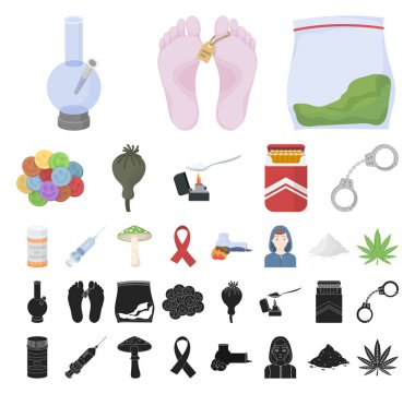 Set koleksiyonu tasarım için uyuşturucu bağımlılığı ve öznitelikleri çizgi film, siyah simgeler. Sembol stok web illüstrasyon vektör bağımlısı ve uyuşturucu.