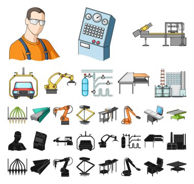 Set koleksiyonu tasarım için ekipman ve makine çizgi film, siyah simgeler. Fabrika vektör simge stok çizim teknik ilerleme.