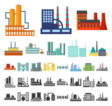 Set koleksiyonu tasarım için fabrika ve tesisleri çizgi film, siyah simgeler. Sembol stok web illüstrasyon vektör fabrikası ve donanımları.
